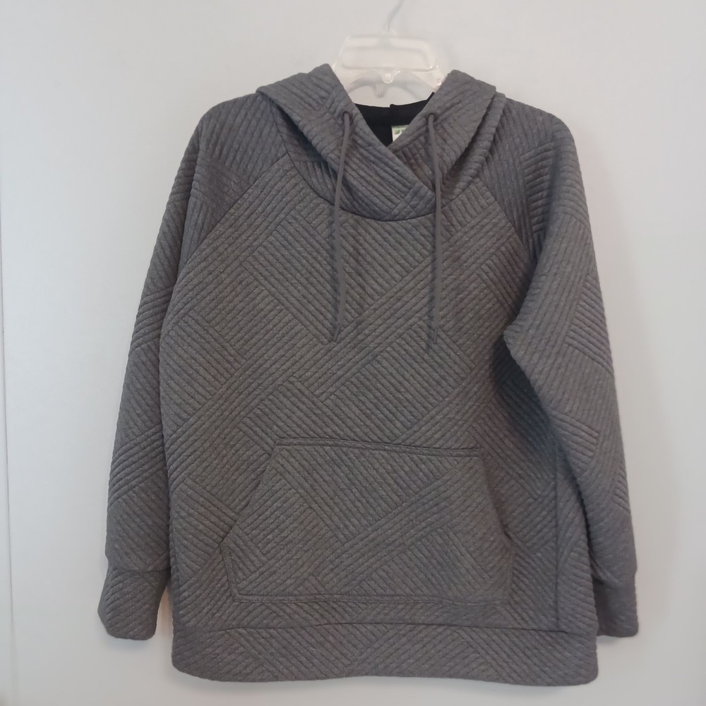 GreenTea Gray Quilted Knit Pullover Hoodie w/ Pockets Drawstring Women's L